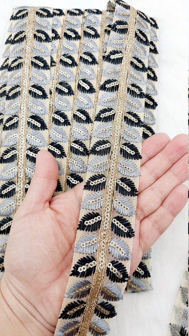 9 Yards Tissue Embroidered Trim, Leaves Embroidery Decorative Trim, Indian Sari Border